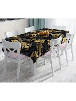 Rem Home Remhome Siyah Zeminde Altın Yapraklar Desenli Dekoratif Leke Tutmaz Masa ÖRTÜSÜ-120X140 cm