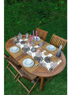Rem Home Remhome Beyaz Zeminde Renkli Çiçek Desenli Modern 1 Adet Runner & 4 Adet Bronz Renkli Amerikan Servis