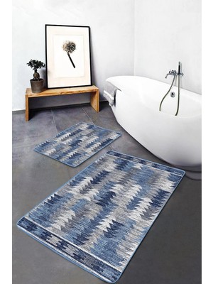 Rem Home Remhome Bej - Mavi Zeminde Geometrik Motifli Üçgen Geometrik Eskitme Motifli 2'li Banyo Mutfak Paspas Takımı Takım Banyo Paspası