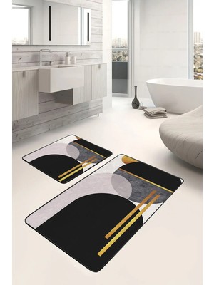 Rem Home Remhome 2'li Set Siyah - Beyaz Zeminde Modern Motifli Boho Desenli Bohem Geometrik 2'li Banyo Paspas Takımı Takım Banyo Paspası