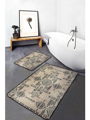 Rem Home Remhome Krem - Siyah Zeminde Etnik Motifli Antika Etnik Motifler Vintage 2'li Banyo & Mutfak Paspas Takımı Takım Banyo Paspası