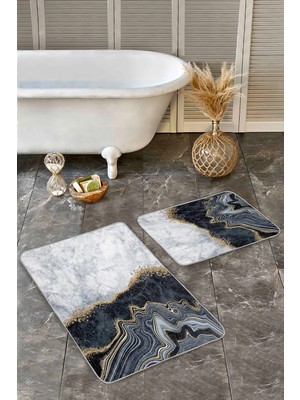 Rem Home Remhome 2'li Set Gold - Gri Zeminde Mermer Motifli Klasik Desenli Sade & Şık Modern 2'li Banyo Paspas Takımı Takım Banyo Paspası