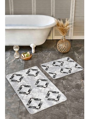 Rem Home Remhome Siyah - Gri Zeminde Mermer Motifli Eskitme Geometrik Eskitme Motifli 2'li Banyo Mutfak Paspas Takımı Takım Banyo Paspası