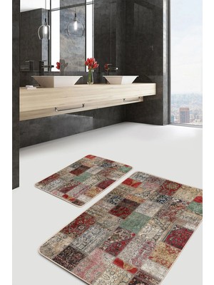 Rem Home Remhome Çok Renki Zeminde Patchwork Motifli Eskitme Etnik Motifler Vintage 2'li Banyo & Mutfak Paspas Takımı Takım Banyo Paspası