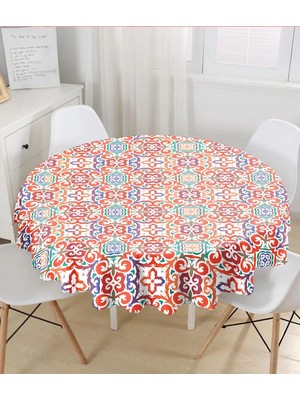 Rem Home Remhome Beyaz Zemin Üzerinde Çini Desenli Dijital Baskılı Modern Yuvarlak Masa Örtüsü - Çap 140CM 140 x 140 cm