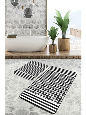 Rem Home Remhome Siyah - Beyaz Zeminde Kazayağı Motifli Geometrik Geometrik Klasik 2'li Banyo & Mutfak Paspas Takımı Takım Banyo Paspası