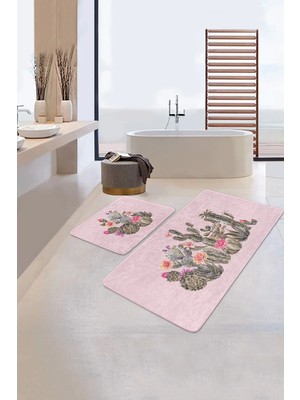 Rem Home Remhome Pembe Zemin Kaktüs Özel Tasarımlı 2'li Kaymaz Tabanlı Banyo & Mutfak Paspas Takımı Takım Banyo Paspası