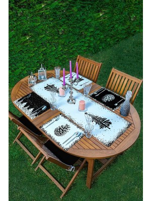 Rem Home Remhome 4+1 Siyah Beyaz Çam Ağacı & Kozalak Tasarımlı Amerikan Servis & Runner Seti