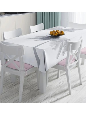 Rem Home Remhome Beyaz Zeminde Gri Palmiye Desenli Modern Dijital Baskılı Masa Örtüsü 90 x 90 cm