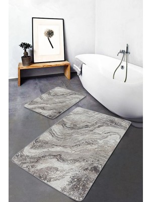 Rem Home Remhome Bej - Krem Zeminde Eskitme Motifli Mermer Eskitme Motifli Klasik 2'li Banyo & Mutfak Paspas Takımı Takım Banyo Paspası