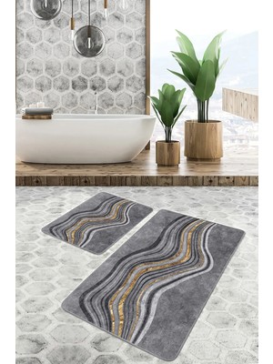 Rem Home Remhome 2'li Set Gri - Gold Zeminde Altın Motifli Kanvas Desenli Sade & Şık Klasik 2'li Banyo Paspas Takımı Takım Banyo Paspası