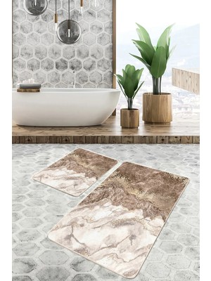 Rem Home Remhome 2'li Gold Zeminde Mermer Motifli Klasik Desenli Sade & Şık Klasik 2'li Banyo & Mutfak Paspas Takımı Takım Banyo Paspası