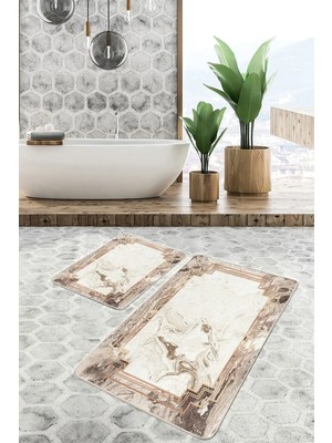 Rem Home Remhome Bej Zeminde Çerçeveli Motifli Mermer Desenli Geometrik Vintage 2'li Banyo & Mutfak Paspas Takımı Takım Banyo Paspası
