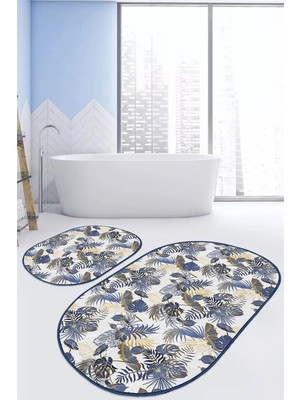 Rem Home Remhome Gold Detaylı Lacivert Tropik Yaprak Özel Tasarım 2'li Oval Kaymaz Tabanlı Banyo & Mutfak Paspas Seti Takım Banyo Paspası