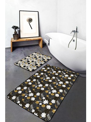 Rem Home Remhome Gold Detaylı Sonbahar Yaprakları Özel Tasarım 2'li Kaymaz Tabanlı Banyo & Mutfak Paspas Takımı Takım Banyo Paspası