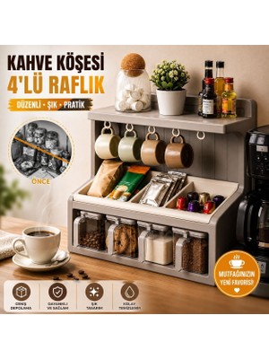 Trendhane 4’lü Kahve Köşesi Düzenleyici Raf – Kupa Askılı Çok Bölmeli Mutfak Tezgah Üstü Organizer, Kahve Kapsülü, Çay, Baharat ve Kavanoz Saklama Rafı