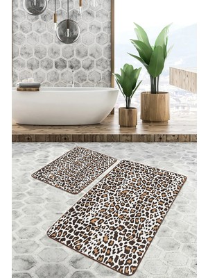 Rem Home Remhome 2'li Set Kahverengi Zeminde Leopar Motifli Post Desenli Sade & Şık Klasik 2'li Banyo Paspas Takımı Takım Banyo Paspası