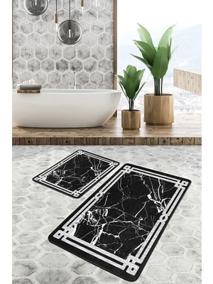 Rem Home Remhome Siyah - Beyaz Zeminde Çerçeveli Motifli Mermer Desenli Sade & Şık Geometrik 2'li Banyo Paspas Takımı Takım Banyo Paspası