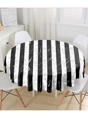 Rem Home Remhome Mermer Zeminli Siyah Çizgili Dijital Baskılı Modern Yuvarlak Masa Örtüsü - Çap 140CM 140 x 140 cm