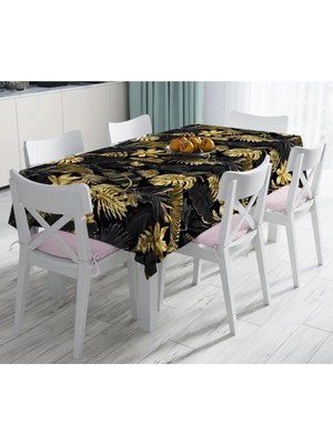 Rem Home Remhome Siyah Zeminde Altın Yapraklar Desenli Dekoratif Leke Tutmaz Masa Örtüsü 90 x 90 cm