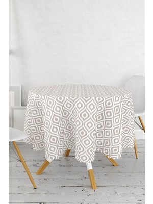 Rem Home Remhome Özel Tasarım Vizon Ikat Desenli Dijital Baskılı Yuvarlak Masa Örtüsü Çap 140 cm 140 x 140 cm