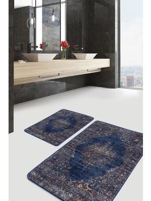Rem Home Remhome Lacivert Zemin Osmanlı Motifli Altın Detay Avangarde Eskitme Motifli 2'li Banyo Mutfak Paspas Takımı Takım Banyo Paspası