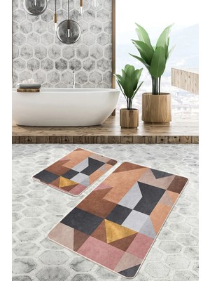 Rem Home Remhome 2'li Set Kahverengi Zeminde Geometrik Motifli Modern Geometrik Klasik 2'li Banyo Paspas Takımı Takım Banyo Paspası