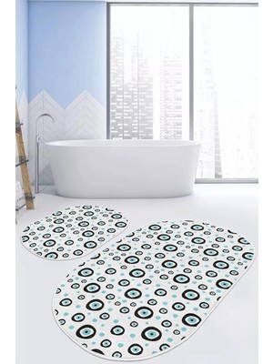 Rem Home Remhome Nazar Boncuklı Dijital Baskılı 2'li Oval Kaymaz Tabanlı Banyo & Mutfak Paspas Takımı Takım Banyo Paspası