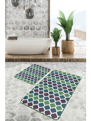 Rem Home Remhome 2'li Set Yeşil - Turkuaz Zeminde Ogea Motifli Morrocan Geometrik Klasik 2'li Banyo Paspas Takımı Takım Banyo Paspası