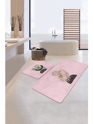 Rem Home Remhome Pembe Zemin Bohem Tropik Yaprak Tasarımlı 2'li Kaymaz Tabanlı Banyo & Mutfak Paspas Takımı Takım Banyo Paspası