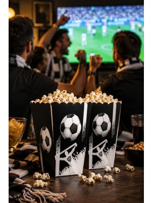 Dodomar Mısır Kutusu Popcorn Kutusu 8'li Taraftar Siyah Beyaz 7.5X11 cm Maç Parti Atıştırmalık Kutusu