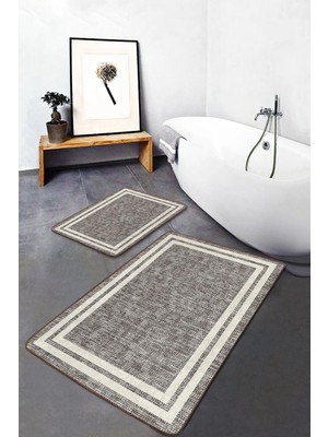 Rem Home Remhome 2'li Ekru Zeminde Çerçeveli Motifli Örme Desenli Sade & Şık Klasik 2'li Banyo & Mutfak Paspas Takımı Takım Banyo Paspası