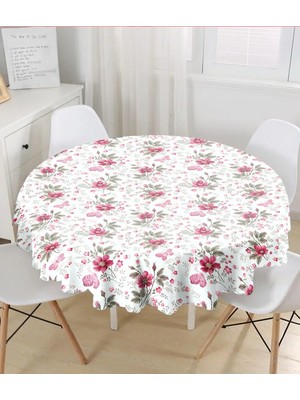 Rem Home Remhome Beyaz Zeminde Pembe Çiçekler Dijital Baskılı Modern Yuvarlak Masa Örtüsü - Çap 140CM 140 x 140 cm