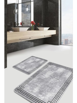 Rem Home Remhome 2'li Gri Zeminde Çerçeveli Motifli Antik Desenli Geometrik Klasik 2'li Banyo & Mutfak Paspas Takımı Takım Banyo Paspası