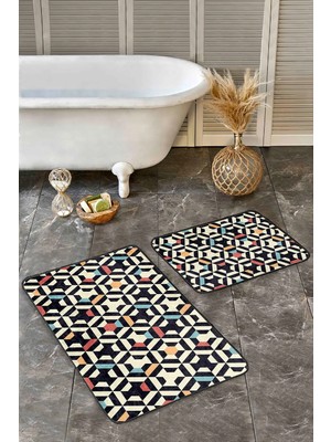 Rem Home Remhome Krem Kırmızı Zeminde Geometrik Motifli Art Deco Geometrik Sade Şık 2'li Banyo Mutfak Paspas Takımı Takım Banyo Paspası