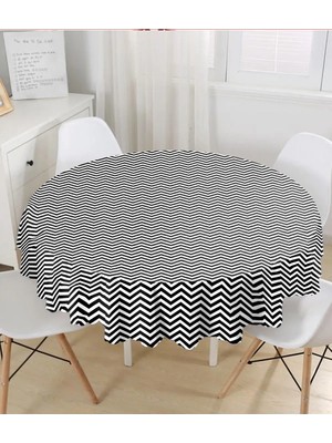 Rem Home Remhome Siyah Beyaz Zigzag Desenli Dijital Baskılı Yuvarlak Masa Örtüsü - Çap 140CM 140 x 140 cm