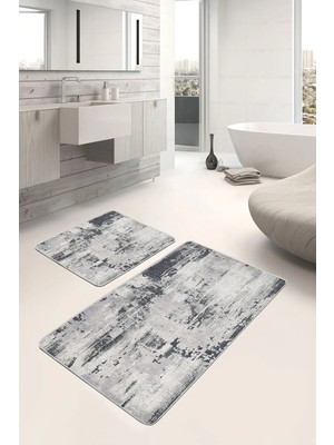 Rem Home Remhome 2'li Set Gri - Siyah Zeminde Rustik Motifli Antika Vintage Sade & Şık 2'li Banyo Paspas Takımı Takım Banyo Paspası