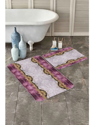 Rem Home Remhome Mor Mermer Tasarımlı Dijital Baskılı 2'li Kaymaz Tabanlı Banyo & Mutfak Paspas Takımı Takım Banyo Paspası