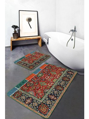Rem Home Remhome 2li Set Antika Zeminde Etnik Motifli Kilim Desenli Etnik Motifler Avangarde 2'li Banyo Paspas Takımı Takım Banyo Paspası