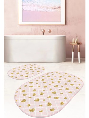Rem Home Remhome Pembe Kareli Zemin Gold Kalp Detaylı 2'li Oval Kaymaz Tabanlı Banyo & Mutfak Paspas Takımı Takım Banyo Paspası