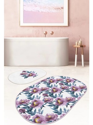 Rem Home Remhome Eflatun Suluboya Gül Motifli 2'li Oval Kaymaz Tabanlı Banyo Paspası & Klozet Paspas Takımı Takım Banyo Paspası