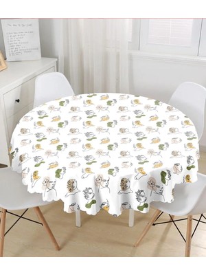 Rem Home Remhome Beyaz Zemınde Bayan Desenli Dijital Baskılı Modern Yuvarlak Masa Örtüsü - Çap 140CM 140 x 140 cm