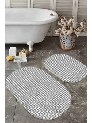 Rem Home Remhome Gri Kazayağı Desenli Dijital Baskılı 2'li Oval Kaymaz Tabanlı Banyo & Mutfak Paspas Takımı Takım Banyo Paspası