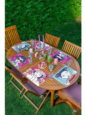 Rem Home Remhome 6'lı Mavi & Pembe Zeminli Japon Pop-Art Tasarımlı Amerikan Servis Seti