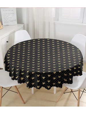 Rem Home Remhome Siyah Zemin Üzerinde Gold Detaylı Fiyonk Çizimli Modern Yuvarlak Masa Örtüsü - Çap 140CM 140 x 140 cm