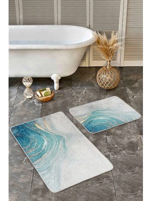 Rem Home Remhome Mavi - Gold Zeminde Altın Motifli Mermer Desenli Modern Klasik 2'li Banyo & Mutfak Paspas Takımı Takım Banyo Paspası