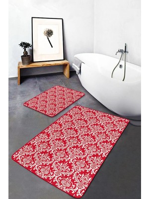 Rem Home Remhome 2'li Set Kırmızı Zeminde Damask Motifli Otantik Desenli Avangarde Vintage 2'li Banyo Paspas Takımı Takım Banyo Paspası