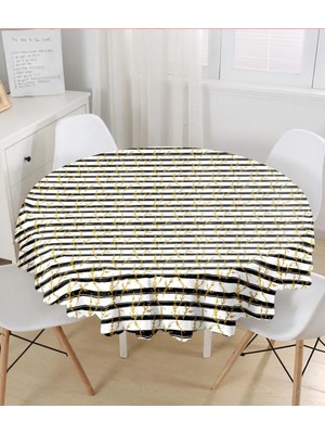 Rem Home Remhome Beyaz Zemin Üzerinde Siyah Çizgili Gold Detaylı Yaprak Desenli Yuvarlak Masa Örtüsü - Çap 140 cm 140 x 140 cm