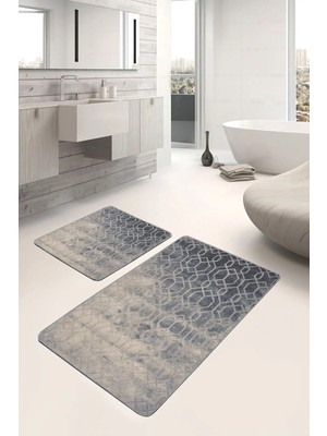 Rem Home Remhome Füme Bej Zeminde Antik Motifli Dokuma Halı Eskitme Motifli Geometrik 2'li Banyo Mutfak Paspas Takımı Takım Banyo Paspası
