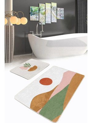 Rem Home Remhome Pastel Renkli Zemin Onedraw Çizimli Dijital Baskılı 2'li Kaymaz Tabanlı Banyo & Mutfak Paspas Takımı Takım Banyo Paspası